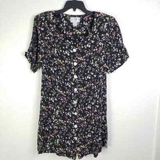 Vintage Black Floral Button Short Dress