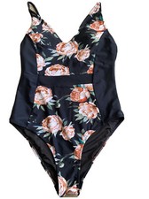CUPSHE Floral Print One-Piece V Neck Swimsuit Size XS Black Roses