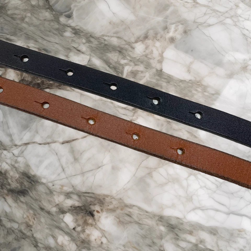 Lot 2 x Vintage Leather Skinny Belts Brown/Gold & Black/Silver Minimalist Sz L - Image 4 of 4