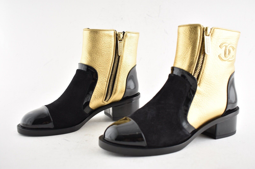 Chanel 18B Gold Black Patent Suede CC Logo Zipper Zip Short Ankle Bootie Boot 35
