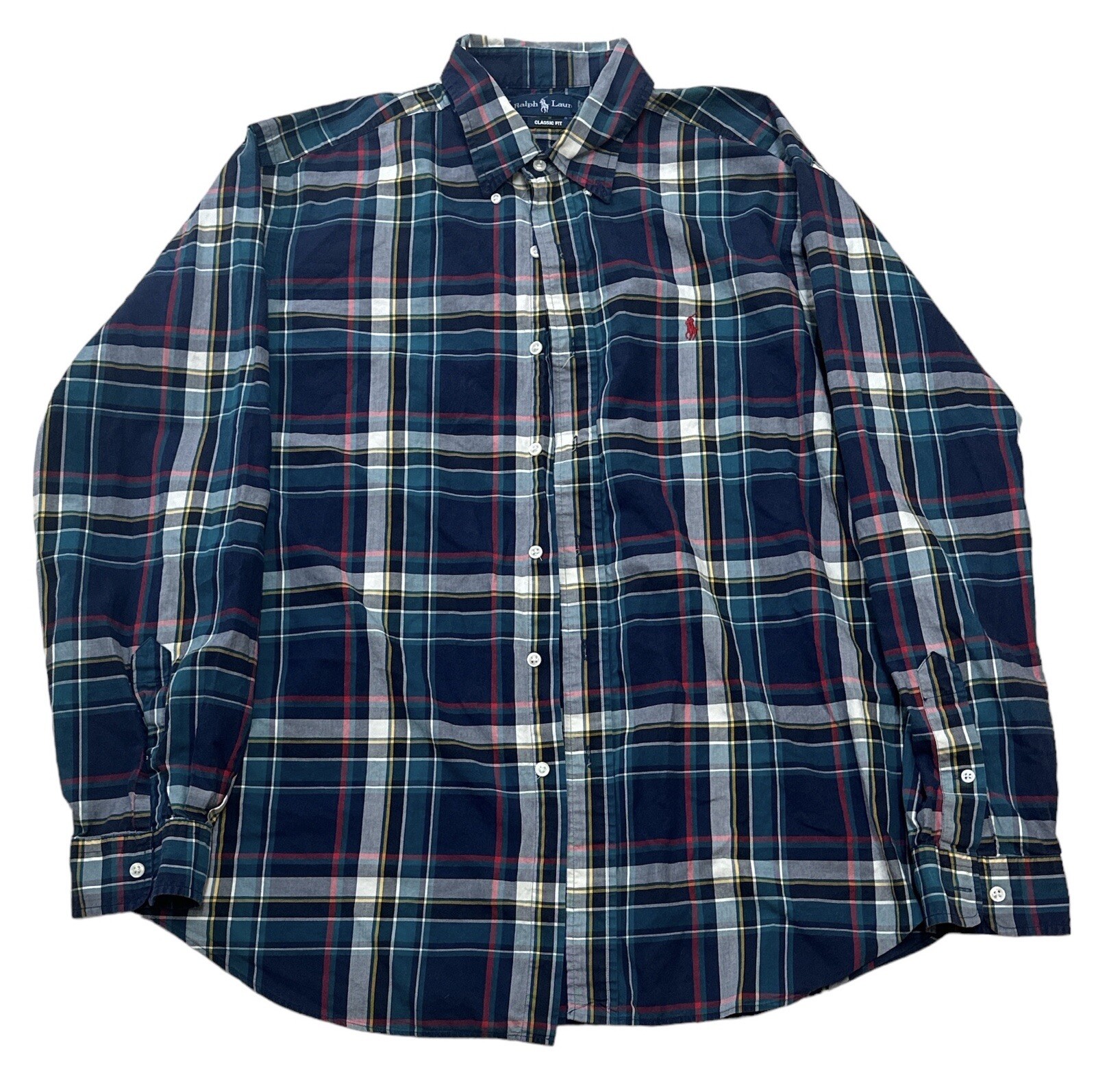 Pony a maniche lunghe Ralph Lauren da uomo verde a quadretti multicolore rosso bottoni taglia XL