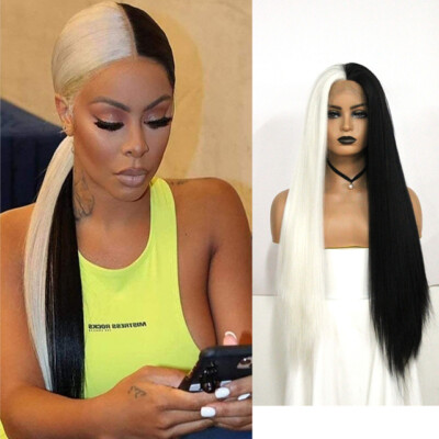 Half Black half White Straight Lace Front Wigs for Women  display picture 1