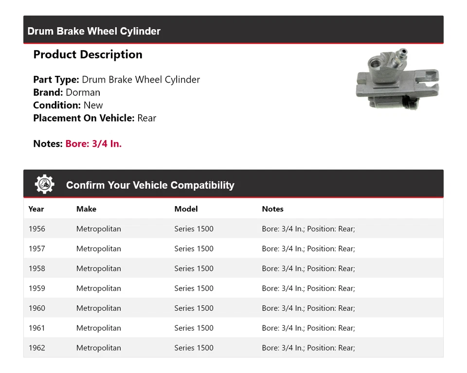 Cilindro trasero de rueda de freno de tambor Dorman serie Metropolitan 1500 1956-1962 Foto 2 de 3
