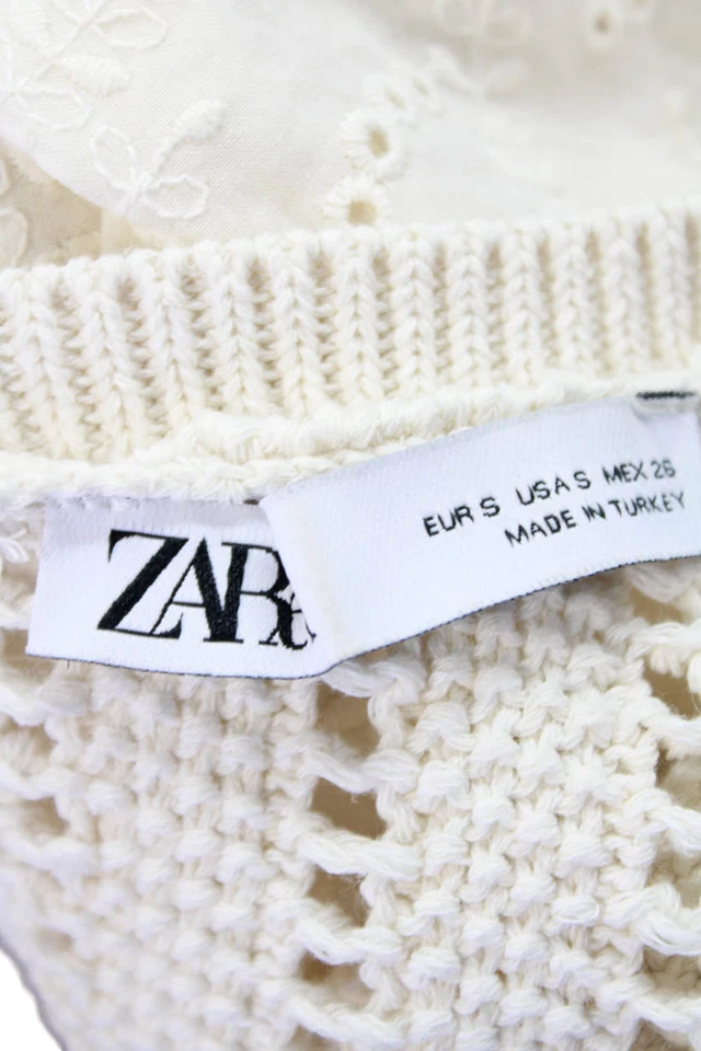 Suéter Zara Mujer Crochet Ojales Mangas Largas Blanco Algodón Talla Pequeña Foto 4 de 4