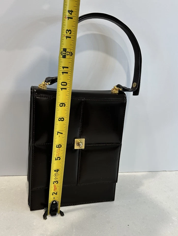 RARO 1960 Vintage DeLill Portugal Marrón Charol Bolso de Mano Cartera Cerradura Dorada Foto 3 de 4