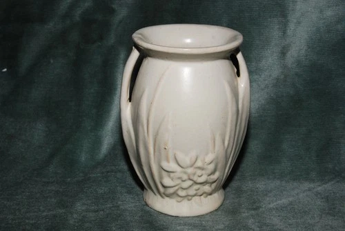 Vintage Matte White McCoy Pottery 6" 2 Handle Urn Vase with Floral Design