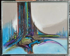 Vintage MCM Abstract Oil Painting Mid Century Modern Art Wall Hanging Signed 60s