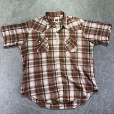 Ely Cattleman Mens XXL Red Brown Plaid Metallic Gold Thread Western Pearl Snap
