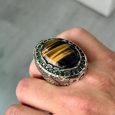 Handmade Men Tiger Eye And Emerald Stone Large Ring