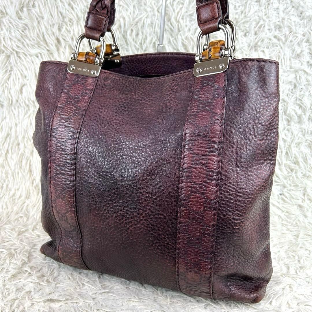GUCCI Tote Bag GUCCIShima Bamboo Leather Wine Red Authentic