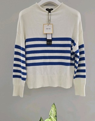TRUTH Republic Women's Knit White Blue Striped Rugby Sweater Pullover! M NWT