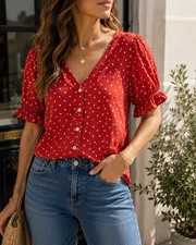 Madewell Red White Polka Dot Puff Sleeve Button Front Top Women s 0