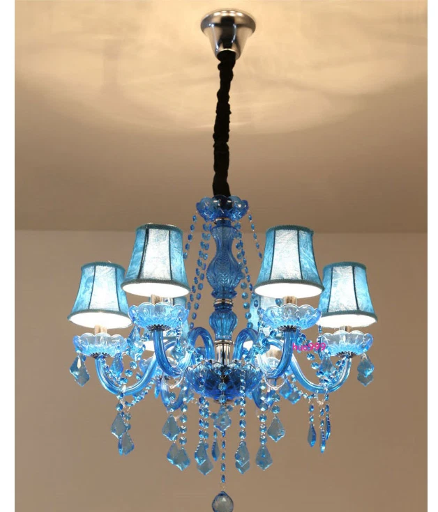Lámpara de araña de cristal azul europea de lujo para interiores Foto 3 de 4