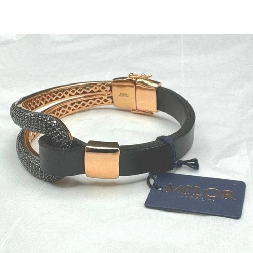 Milor Italy Bronzo NWT Black Crystal Black Leather Bronze 8" Bracelet