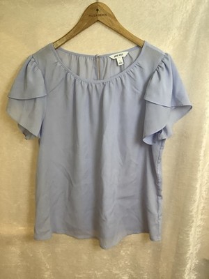 Nine West Women Flutter Short Sleeve Baby Blue Blouse Large