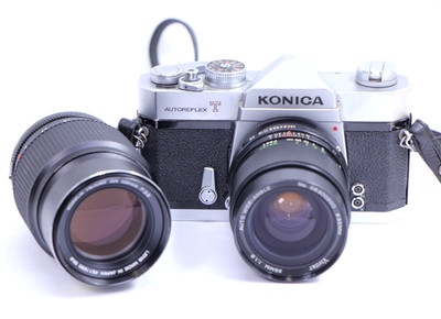 Vivitar 35mm f1.9 w Konica Autoreflex T film Camera Hexar 135mm f3.5 AR Lens lot