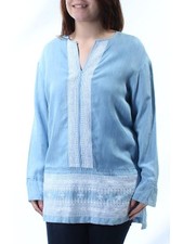DKNY Womens Light Blue Embroidered Cuffed V Neck Tunic Top Petites Size: S