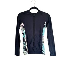 N Swimwear Long Sleeve Full Zip Swim Shirt Rash Guard Black Floral Size Med