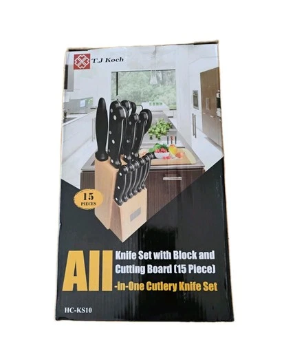 15 Piece Knife Set with Block and Cutting Board TJ Koch All in One Cutlery - NEW