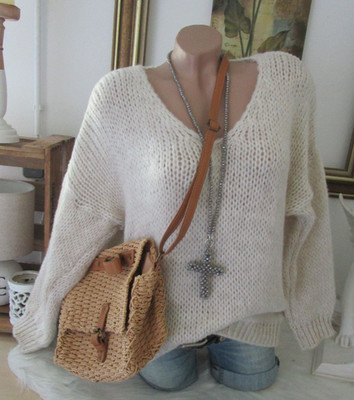 Neu Italy Warme Kuschel Strick Pullover Grob Pulli Beige Einheitsgrösse 36 38