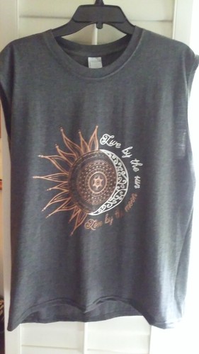 Neu ärmelloses Shirt meliert grau mit Sonne & Mond Aufkleber längere Länge Damen XL - Bild 2 von 4