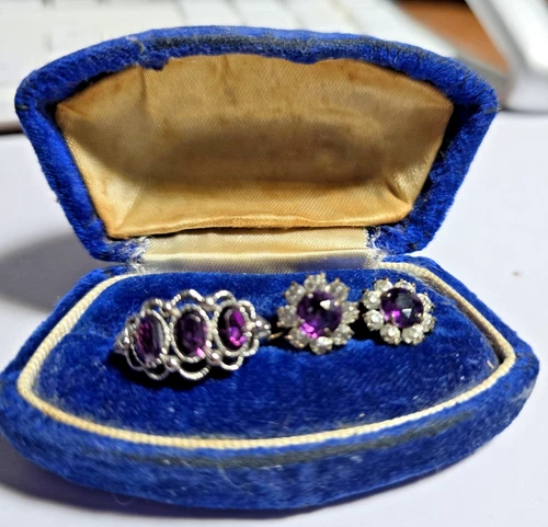 Vtg. AVON Amethyst 3 Stone Silver Tone Ring sz 7 & Sterling Amethyst Earrings