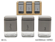 TRIS BARATTOLI SALE ZUCCHERO CAFFE BARATTOLO VETRO E METALLO TORTORA