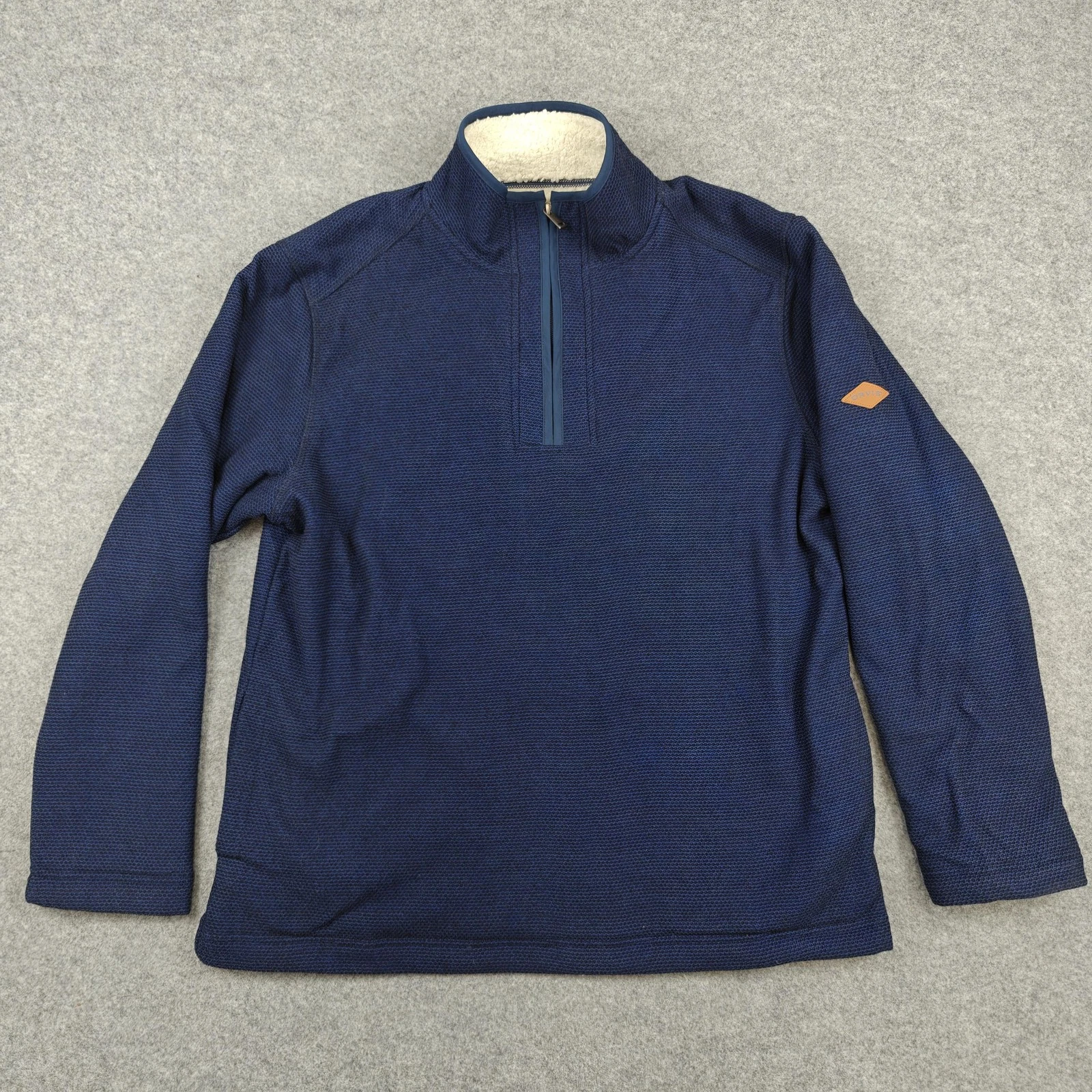Orvis Pullover Mens Medium Blue Sherpa Lined 1/4 Zip Long Sleeve Fleece Thermal