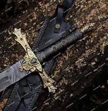 Hand Forged Damascus Steel Knights / Excalibur / Crown Sword with Leather Sheath