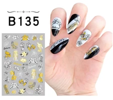 Flower Plant Nail Stickers Back Glue BLACK GOLD LINE ABSTRACT DAISY Decals NS33