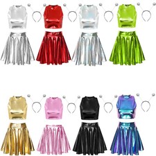 Womens Fancy Dress Mock Neck Crop Top Alien Flare Skirt Spaceman Outfit Adult