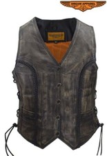 Distressed Brown Women's Leather Vest Motorcycle Biker Braided Waistcoat