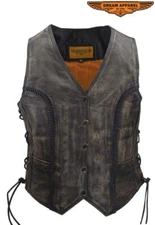 Distressed Brown Women's Leather Vest Motorcycle Biker Braided Waistcoat