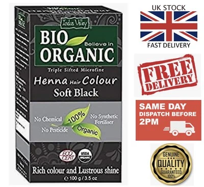 UK Indus Valley Bio Organic 100%Organic Herbal Henna Hair Colour Soft Black 100g