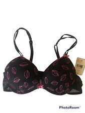 NWT Betsey Johnson Intimates Black Pink Embroidered Kiss Push Up Bra Sz 32B