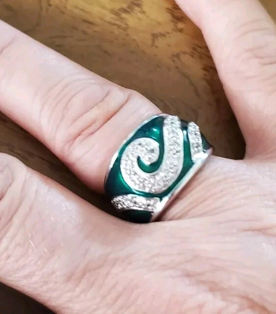 Anillo de plata de ley 925 tamaño 6,5 resina verde cúpula ancha con circonitas cúbicas Foto 2 de 4