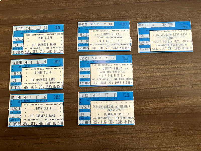 JIMMY CLIFF, JIMMY RILEY, BLACK UHURU, U.T.F.O. 1985 7 TICKET STUBS LOS ANGELES