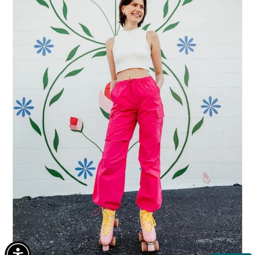 Love Tree Nylon Cargo Baggy Parachute Pants for Women in Pink large
