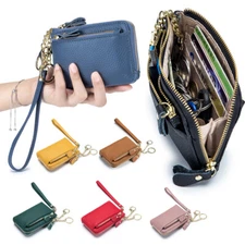 Women Genuine Leather Mini Zip with Key Ring and Wristlet Card Coin Holder Purse