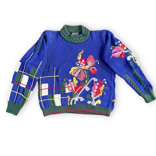 Vintage Berek Marta D Hand knit Floral Plaid Sweater 89 Grandmacore Granny