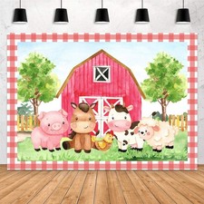 Aperturee 7x5ft Cartoon Farm Animals Photography Backdrop Red Barn Barnyard B...