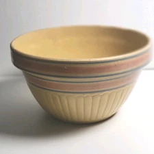 Antique Stoneware Pottery Mixing Bowl Yellow Ware Blue Pink Stripe Marked 424 9"