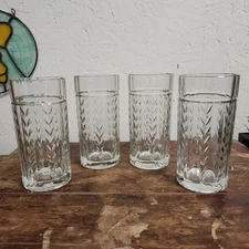 Set 4 Anchor Hocking Laurel Leaf Heavy Bottom Barware Clear Glass Tumblers MCM