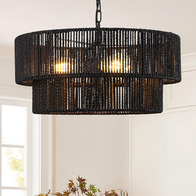 Handwoven 18'' Black Boho Rattan Chandelier for Any Room Décor