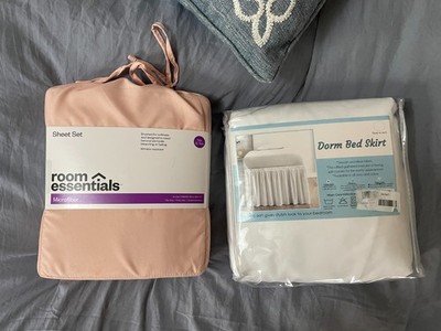 Dorm Bedding Set | Twin XL Pink Sheet Set and White Bed Ruffle | Hospital Bed