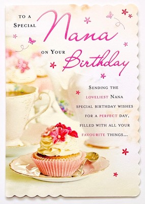 An eine besondere Nana zum Geburtstag Spruchkarte - Tee und Blumen Cupcake 