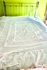 Antico Copriletto Bianco Rete Pizzo Con Nastro Pizzo Copriletto Singolo