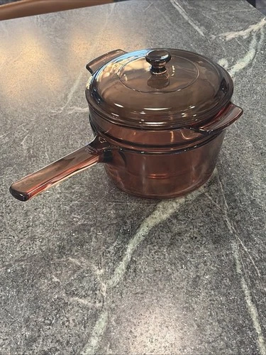 VTG Corning Pyrex Vision Double Boiler Set Amber V-20-B & V 1.5 C Lid 3 pc W Lid