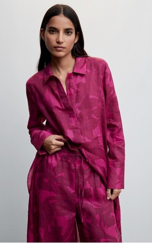 Vestido Camisa Larga Estampado Mango Manga Larga Botón Ramie Rosa Flor NUEVO - Imagen 3 de 13