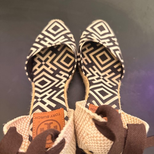 Tory Burch Wedge Espadrille Lace Up Ankle Strap Size 38 Geometric Print Canvas - Picture 7 of 12